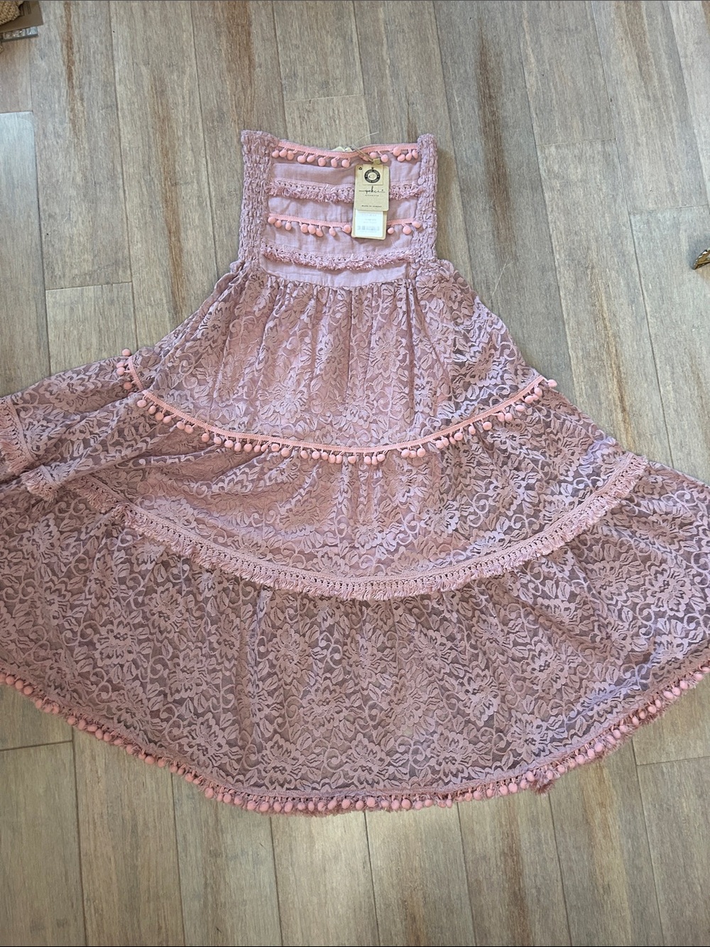Ipekci Lace Pom-Pom Tiered Midi sleeveless dress- Dusty Pink size small
